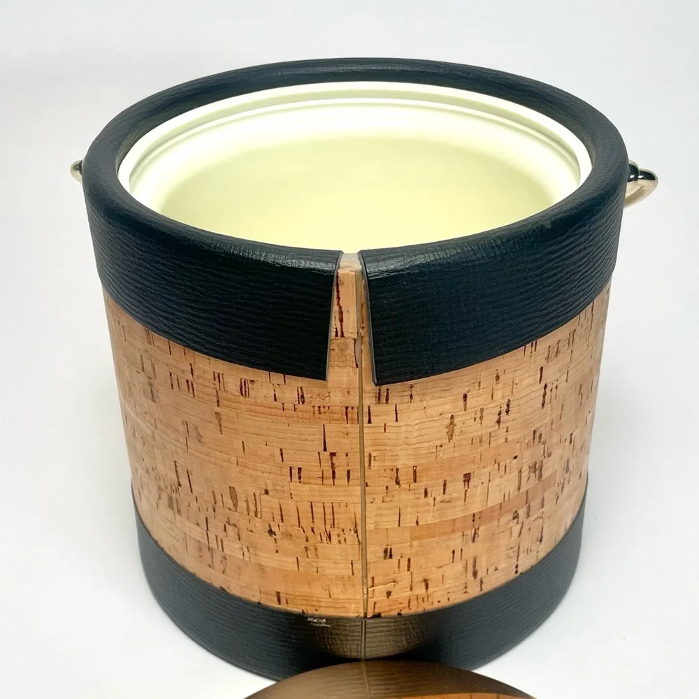 Vintage Kraftware Cork, Faux Black Leather & Gold Ice Bucket 8” With Box MCM